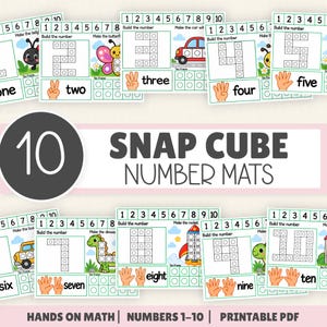 Może przedstawiać: Zestaw 10 mat matematycznych do druku z kostkami typu snap cube, obejmujący liczby od 1 do 10. Każda mata zawiera oś liczbową, ramkę dziesiątkową do układania liczb, ilustracje obiektów oraz znaki dłoni odpowiadające danej liczbie.