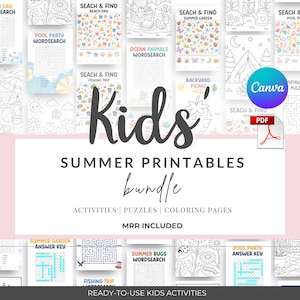 May include: A digital bundle of kids' summer printables featuring word searches, mazes, and colouring pages. The text reads Kids' SUMMER PRINTABLES bundle ACTIVITIES | PUZZLES | COLOURING PAGES MRR INCLUDED READY-TO-USE KIDS ACTIVITIES.