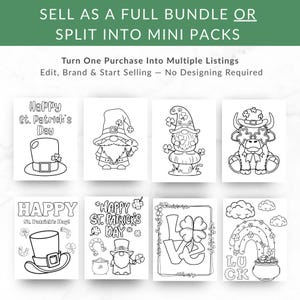 May include: Black and white illustrations for St. Patrick's Day. The images include a leprechaun, a pot of gold, a rainbow, a horseshoe, and the words "Happy St. Patrick's Day". The text reads "Sell as a full bundle or split into mini packs".