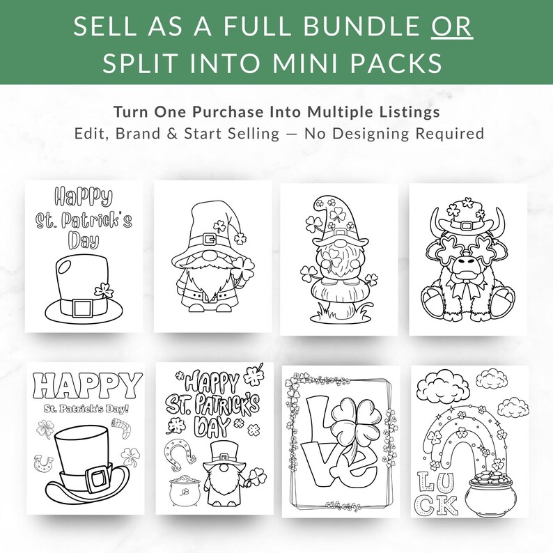 May include: Black and white illustrations for St. Patrick's Day. The images include a leprechaun, a pot of gold, a rainbow, a horseshoe, and the words "Happy St. Patrick's Day". The text reads "Sell as a full bundle or split into mini packs".