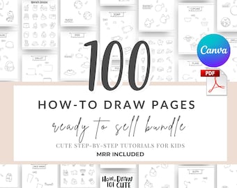 How to Draw Cute Stuff Worksheets | 100 Step-by-Step Drawing Pages for Kids | Printable PDF + Canva Editable Bundle with MRR
