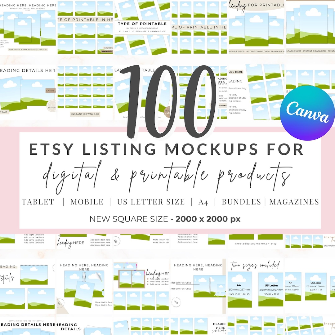 Etsy Listing Mockup Bundle | 100 Editable Canva Templates for Digital ...