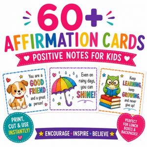 May include: A set of 60+ affirmation cards featuring colorful illustrations and text. The cards include a puppy with the text You are a GOOD FRIEND, a rainbow umbrella with Even on rainy days, you can SHINE, and an owl with Keep LEARNING.