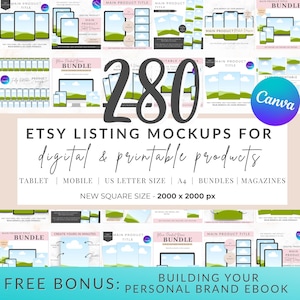 以下が含まれることがあります： Etsyのリスティングモックアップグラフィック。大きな黒いフォントで280と表示。テキストは「ETSY LISTING MOCKUPS FOR digital & printable products」と表示。タブレット、モバイル、A4、バンドル、雑誌が含まれます。ボーナス：パーソナルブランドeBook。