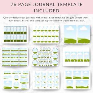 Puede incluir: Una colecci&oacute;n de plantillas de diario con temas de paisajes. Las plantillas muestran campos verdes, cielos azules y nubes, as&iacute; como un dise&ntilde;o de alfabeto. La imagen incluye el texto "76 PAGE JOURNAL TEMPLATE INCLUDED". Las plantillas son para el dise&ntilde;o de diarios.