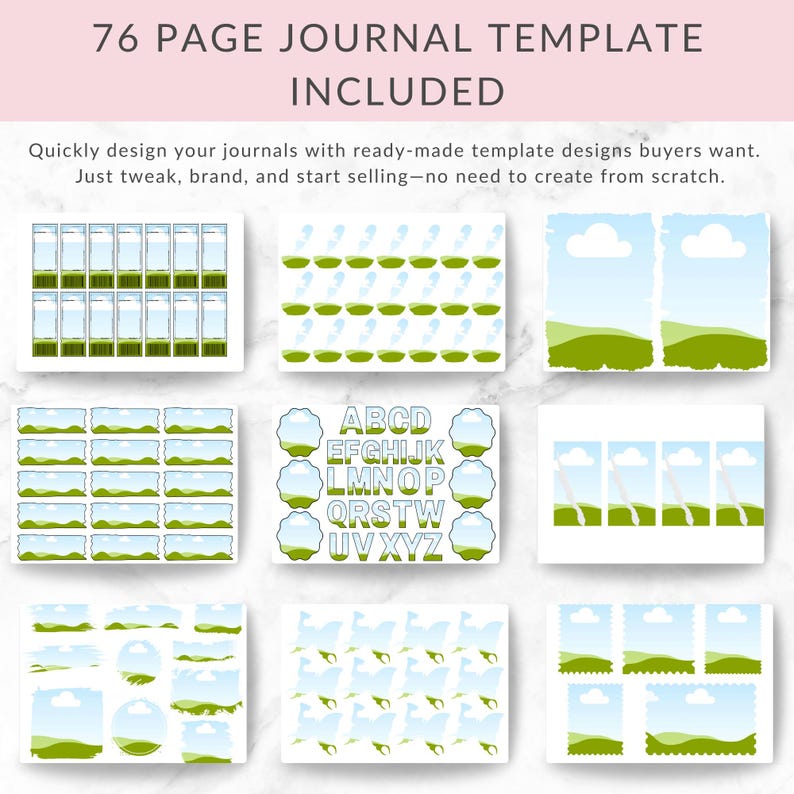 Puede incluir: Una colecci&oacute;n de plantillas de diario con temas de paisajes. Las plantillas muestran campos verdes, cielos azules y nubes, as&iacute; como un dise&ntilde;o de alfabeto. La imagen incluye el texto "76 PAGE JOURNAL TEMPLATE INCLUDED". Las plantillas son para el dise&ntilde;o de diarios.