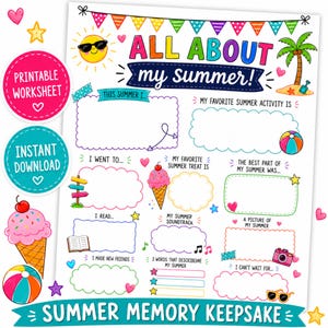 Może przedstawiać: Kolorowy arkusz do druku zatytułowany ALL ABOUT my summer! z sekcjami do zapisywania letnich wspomnień, ulubionych zajęć, smakołyków i przeczytanych książek. Strona jest ozdobiona ilustracjami słońca, palmy, lodów i piłki plażowej.