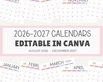 Könnte beinhalten: Eine digitale Sammlung von Monatskalenderseiten für 2026-2027 mit weißem Hintergrund und pastellfarbenen Tagesüberschriften. Der zentrale Text lautet 2026-2027 CALENDARS EDITABLE IN CANVA AUGUST 2026 - DECEMBER 2027 in schwarzer Schrift.