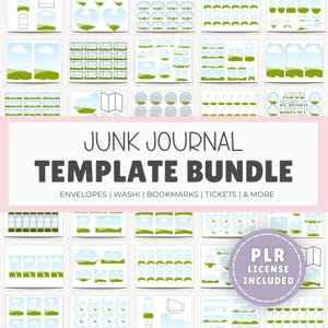 Könnte beinhalten: Ein digitales Junk-Journal-Vorlagenpaket mit verschiedenen Papierbastel-Elementen wie Umschlägen, Washi-Tape, Lesezeichen und Tickets. Die Designs zeigen einen hellblauen Himmel mit weißen Wolken und grünen Hügeln. Text: JUNK JOURNAL TEMPLATE BUNDLE.