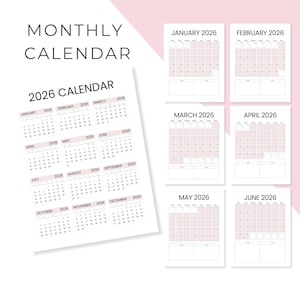 May include: A white monthly calendar for 2026 with a pink grid design. The calendar includes the months January through December. The text "MONTHLY CALENDAR" and "2026 CALENDAR" are displayed at the top.