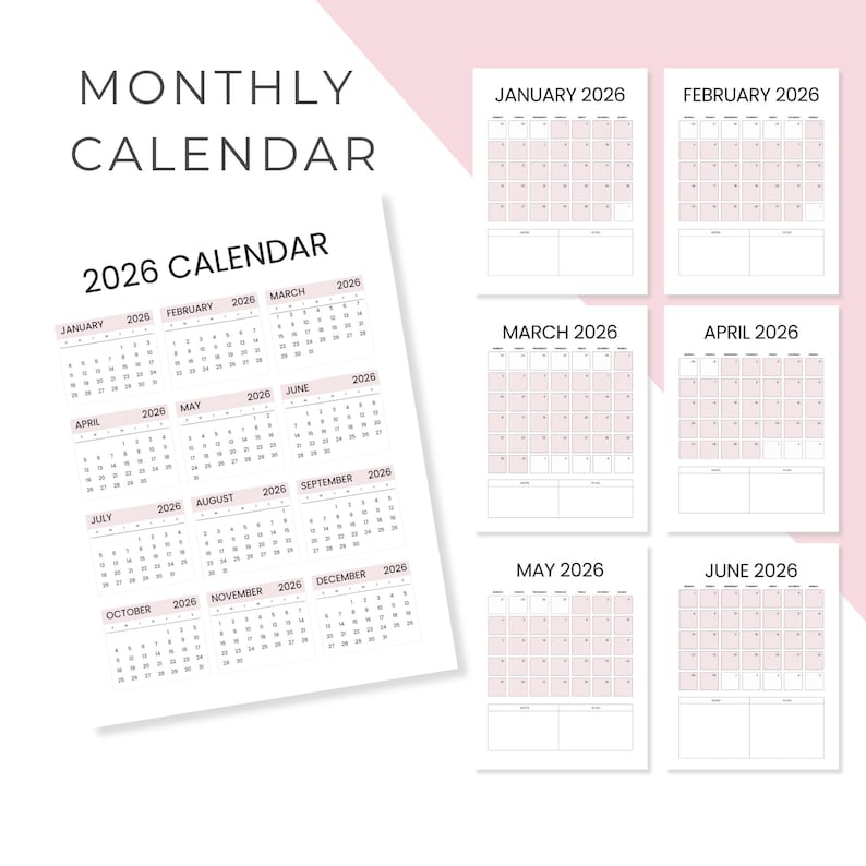 May include: A white monthly calendar for 2026 with a pink grid design. The calendar includes the months January through December. The text "MONTHLY CALENDAR" and "2026 CALENDAR" are displayed at the top.
