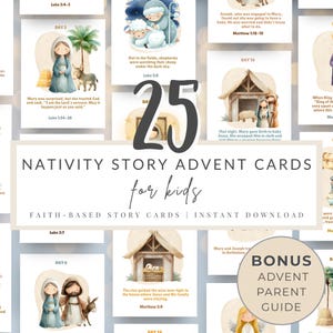 May include: A set of Nativity Story Advent Cards for children, featuring watercolour illustrations of biblical scenes. The cards include text from Luke and Matthew. The design also includes a bonus Advent parent guide. These faith-based cards are available for instant download.