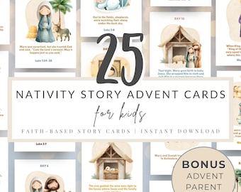 May include: A set of Nativity Story Advent Cards for children, featuring watercolour illustrations of biblical scenes. The cards include text from Luke and Matthew. The design also includes a bonus Advent parent guide. These faith-based cards are available for instant download.