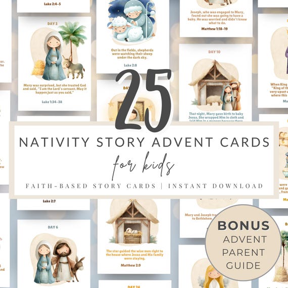 Nativity Story Advent Cards | Christmas Countdown, Printable Bible Verse, Bonus Parent Guide (PDF)