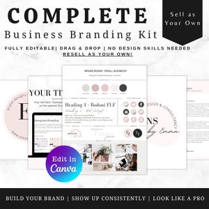 以下が含まれることがあります： 「COMPLETE Business Branding Kit」のテキストが入った、完全なビジネスブランディングキット。編集可能なテンプレート、ブランドボード、ソーシャルメディアアイコンが含まれています。デザインはフェミニンで、ピンクと黒のカラーパレットです。