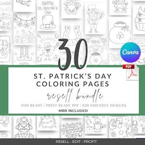 Può includere: Un pacchetto di 30 pagine da colorare per la festa di San Patrizio, con folletti, trifogli e altri disegni festivi. Il pacchetto include una licenza di rivendita ed è pronto per la stampa in formato PDF. Il logo Canva è visibile.