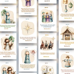 May include: A set of illustrated cards depicting scenes from the Nativity story. Each card features a watercolor illustration and a Bible verse. The cards are arranged in a grid, showcasing various moments from the story of Jesus' birth.