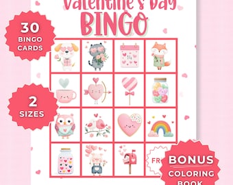 May include: Valentine's Day Bingo game with a grid of illustrated hearts, animals, and other Valentine's Day themed images. The text "Valentine's Day Bingo" is at the top. Includes 30 bingo cards, 2 sizes, and a bonus coloring book.