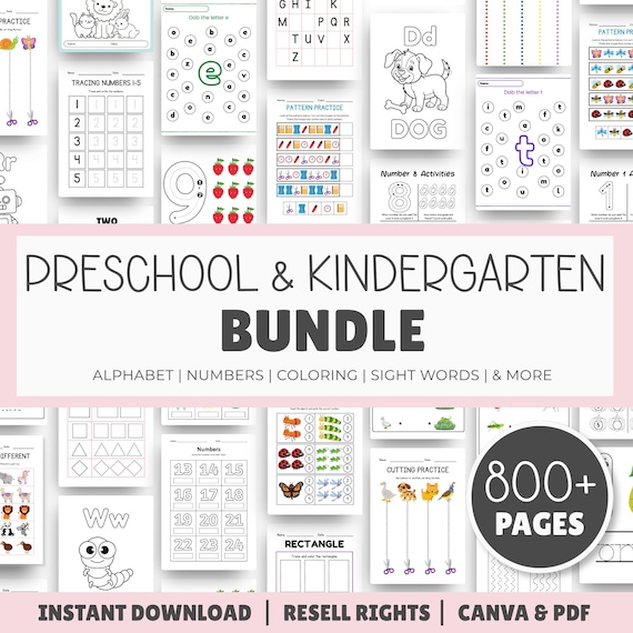 Preschool & Kindergarten Worksheet Bundle | 800+ Printable Worksheets for Kids | PLR MRR | Canva | PDF Download