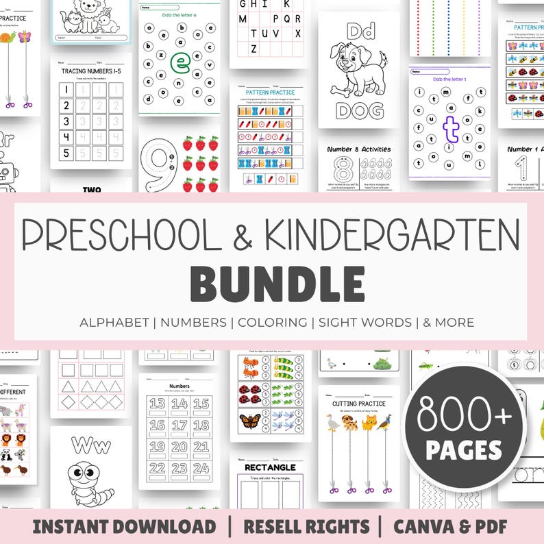 Bundel met werkbladen voor peuters en kleuters | Meer dan 800 printbare werkbladen voor kinderen | PLR MRR | Canva | PDF-download afbeelding 1