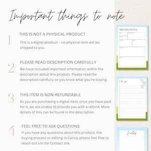 May include: A digital product information graphic titled Important things to note, listing four points about non-physical items, reading descriptions, refund policies, and contact options, alongside three preview pages for meeting notes, to-do lists, and notes.