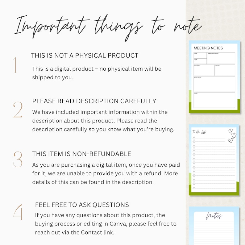 May include: A digital product information graphic titled Important things to note, listing four points about non-physical items, reading descriptions, refund policies, and contact options, alongside three preview pages for meeting notes, to-do lists, and notes.