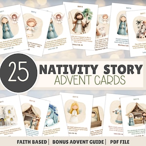 Peut inclure: Un ensemble de 25 cartes de l'Avent sur l'histoire de la Nativité avec des illustrations à l'aquarelle de personnages et de scènes bibliques. Chaque carte comprend un numéro de jour, un texte descriptif et une référence biblique en format PDF.