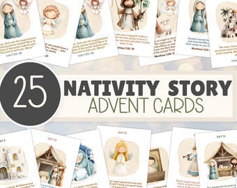 Nativity Story Advent Cards | 25 Day Christmas Countdown for Kids | Printable Bible Scripture Cards + Parent Guide PDF
