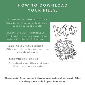 May include: A green and white graphic with instructions on how to download files from Etsy. The text includes steps like logging into your account, going to purchases, clicking on the order, and downloading. A black and white illustration of a treasure chest with the word "Lucky" is also included.