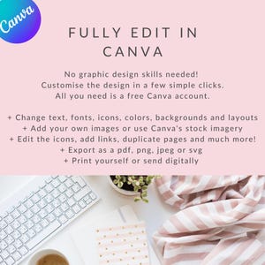 May include: A promotional image for Canva, featuring the text "FULLY EDIT IN CANVA" and a list of features. The image includes a keyboard, notebook, coffee cup, and a pink and white striped scarf, suggesting a workspace theme.