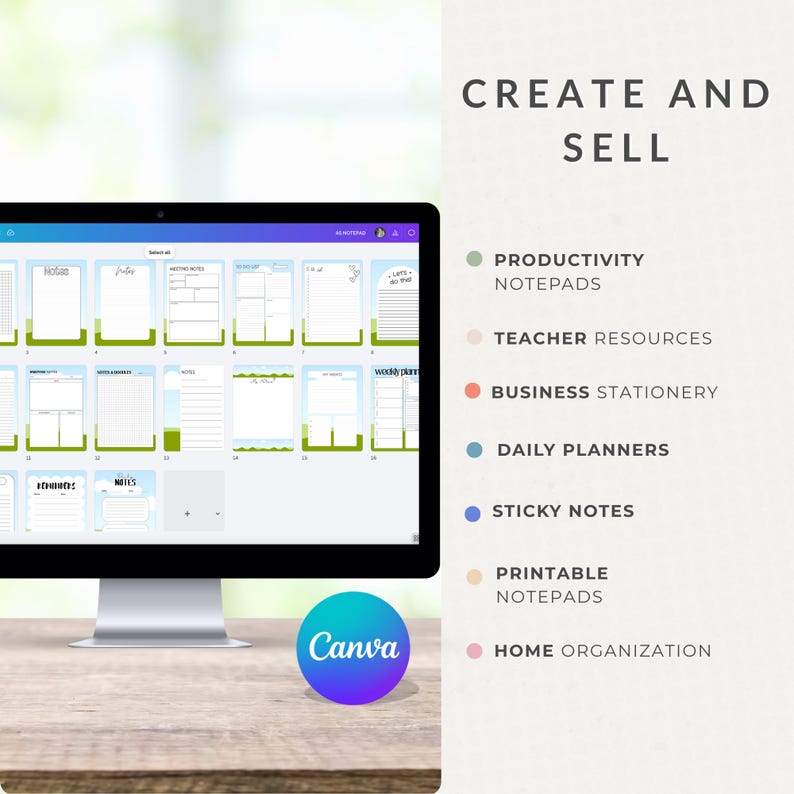 May include: A computer monitor displaying a grid of digital notepad templates with various layouts. To the right, the text CREATE AND SELL appears above a list of categories including PRODUCTIVITY NOTEPADS, TEACHER RESOURCES, and BUSINESS STATIONERY.