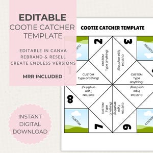 May include: A digital template for an editable cootie catcher, with the text "EDITABLE COOTIE CATCHER TEMPLATE." The design includes sections for customization, numbers, and the words "CUSTOM Type anything!" The template is available for instant digital download.