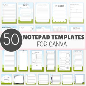 May include: A collection of 50 notepad templates for Canva featuring various layouts including lined notes, to-do lists, and meeting planners. Each template displays a light blue sky and green grass border with black text and grid lines.