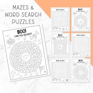 May include: A collection of printable activity sheets featuring Halloween-themed mazes and word search puzzles. Each page includes black and white illustrations of pumpkins, bats, ghosts, and spiders, with the text BOO! CAN YOU ESCAPE? printed.
