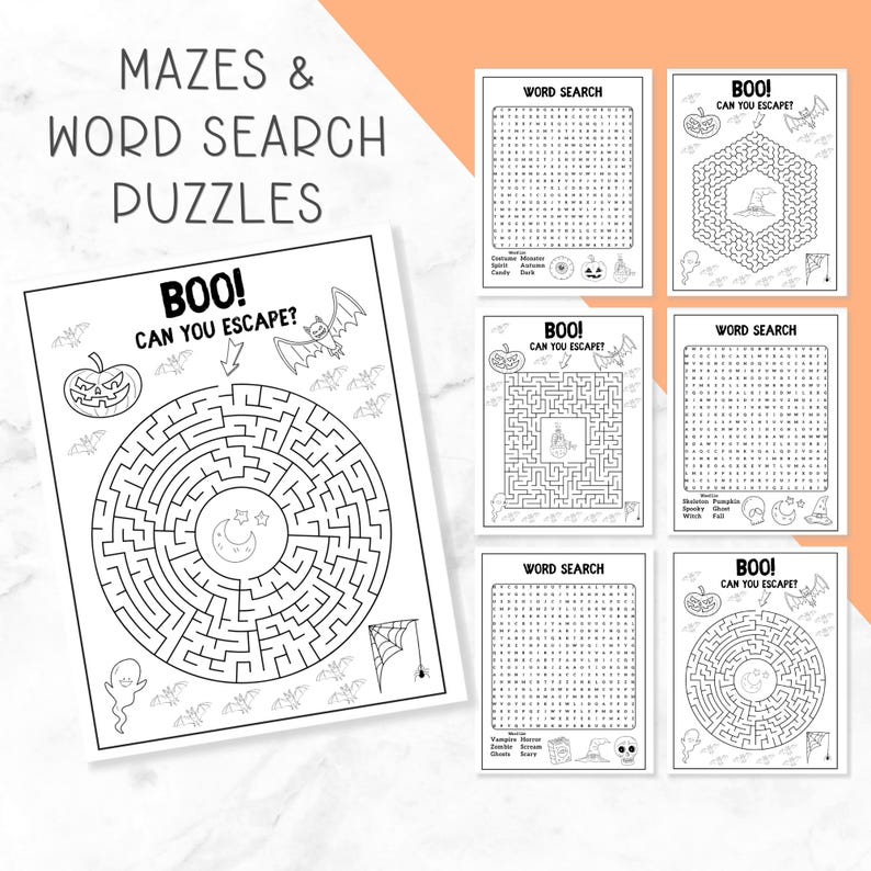 May include: A collection of printable activity sheets featuring Halloween-themed mazes and word search puzzles. Each page includes black and white illustrations of pumpkins, bats, ghosts, and spiders, with the text BOO! CAN YOU ESCAPE? printed.