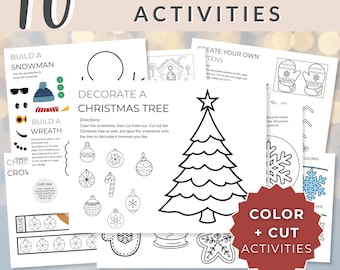 Op de afbeelding: Afbeelding van printbare kerstknutselactiviteiten. De afbeelding toont pagina's met instructies voor het bouwen van een sneeuwpop, het versieren van een kerstboom en het maken van wanten. De tekst bevat "Color + Cut Activities" en "Print-at-Home | No Prep | 10 Fun Activities."