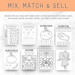 May include: A collection of eight black and white printable Halloween activity sheets for children. The pages feature educational tasks including I Spy, shape tracing, counting, letter matching, pumpkin face assembly, and color by number exercises.
