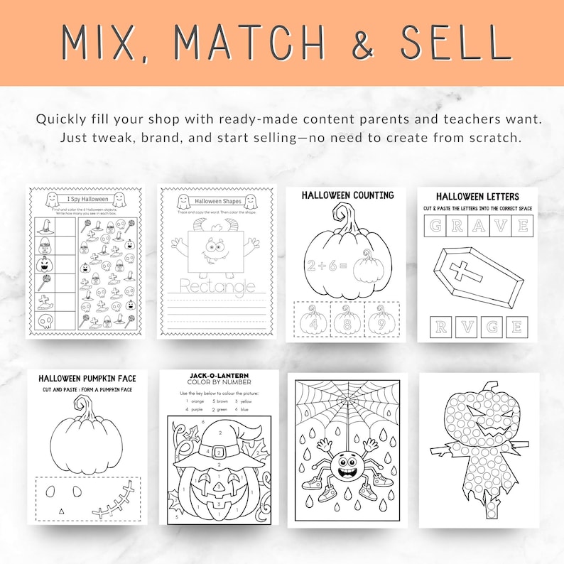 May include: A collection of eight black and white printable Halloween activity sheets for children. The pages feature educational tasks including I Spy, shape tracing, counting, letter matching, pumpkin face assembly, and color by number exercises.