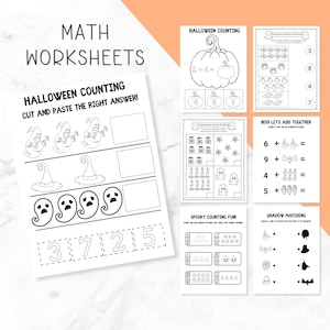 May include: A collection of black and white Halloween-themed math worksheets featuring counting, addition, and shadow matching exercises. The pages include illustrations of ghosts, pumpkins, witches' hats, and spiders with text prompts for students.