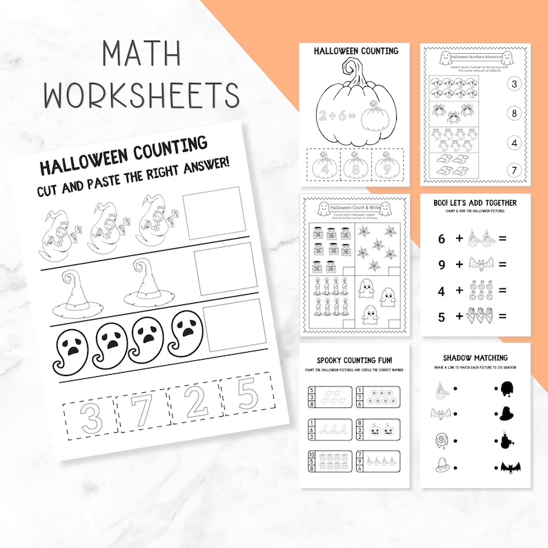 May include: A collection of black and white Halloween-themed math worksheets featuring counting, addition, and shadow matching exercises. The pages include illustrations of ghosts, pumpkins, witches' hats, and spiders with text prompts for students.