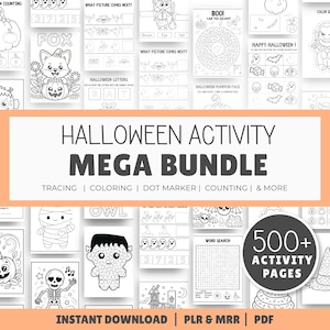 Pode incluir: Um mega pacote de atividades de Halloween com mais de 500 páginas imprimíveis com arte em linha preta e branca para traçar, colorir, usar marcadores de pontos e contar. A coleção inclui labirintos, caça-palavras e ilustrações de fantasmas.