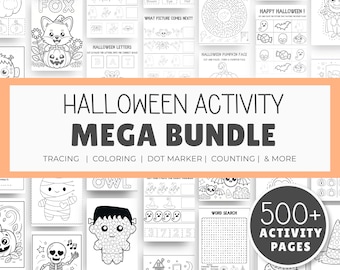 May include: A Halloween activity mega bundle featuring over 500 printable pages with black and white line art for tracing, coloring, dot markers, and counting. The collection includes mazes, word searches, and character illustrations like ghosts, pumpkins, and skeletons.