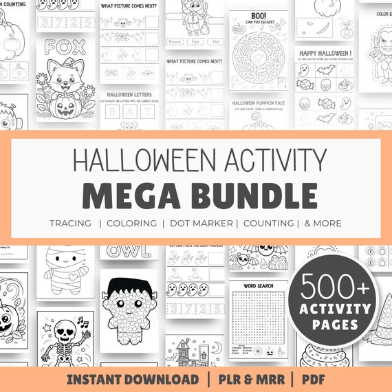 Halloween Worksheets Bundle, 500+ Halloween Activity Pages, Kids Printable Activities, Preschool Worksheets, PDF, PLR MRR