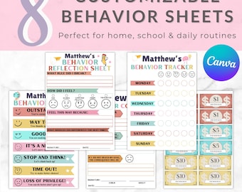 May include: A collection of customizable behavior sheets with the text "CUSTOMIZABLE BEHAVIOR SHEETS". The sheets include a reflection sheet, a behavior tracker, and reward money. The sheets are designed for home, school, and daily routines.