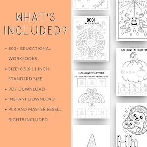 May include: A collection of educational Halloween-themed activity sheets featuring black and white line art, including a circular maze, a bat character, a pumpkin counting exercise, and a hedgehog illustration, all in a standard 8.5 x 11 inch size.