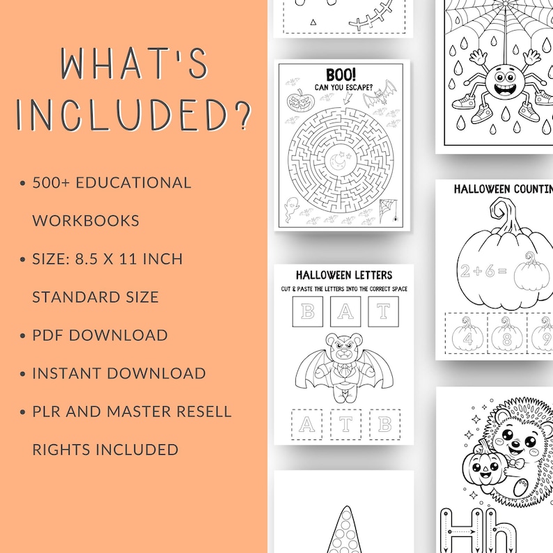 May include: A collection of educational Halloween-themed activity sheets featuring black and white line art, including a circular maze, a bat character, a pumpkin counting exercise, and a hedgehog illustration, all in a standard 8.5 x 11 inch size.
