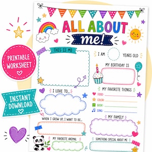 May include: A colourful printable worksheet titled ALL ABOUT ME! featuring a rainbow, sun, cupcake, and panda illustration. The page includes blank spaces for personal details like age, birthday, favourite things, family, and future goals, decorated with stars, hearts, and bunting flags.