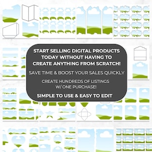 Puede incluir: Colecci&oacute;n de plantillas de productos digitales con dise&ntilde;os de paisajes con cielos azules, campos verdes y nubes blancas. La imagen incluye varias formas y tama&ntilde;os, con el texto: "START SELLING DIGITAL PRODUCTS TODAY WITHOUT HAVING TO CREATE ANYTHING FROM SCRATCH!"
