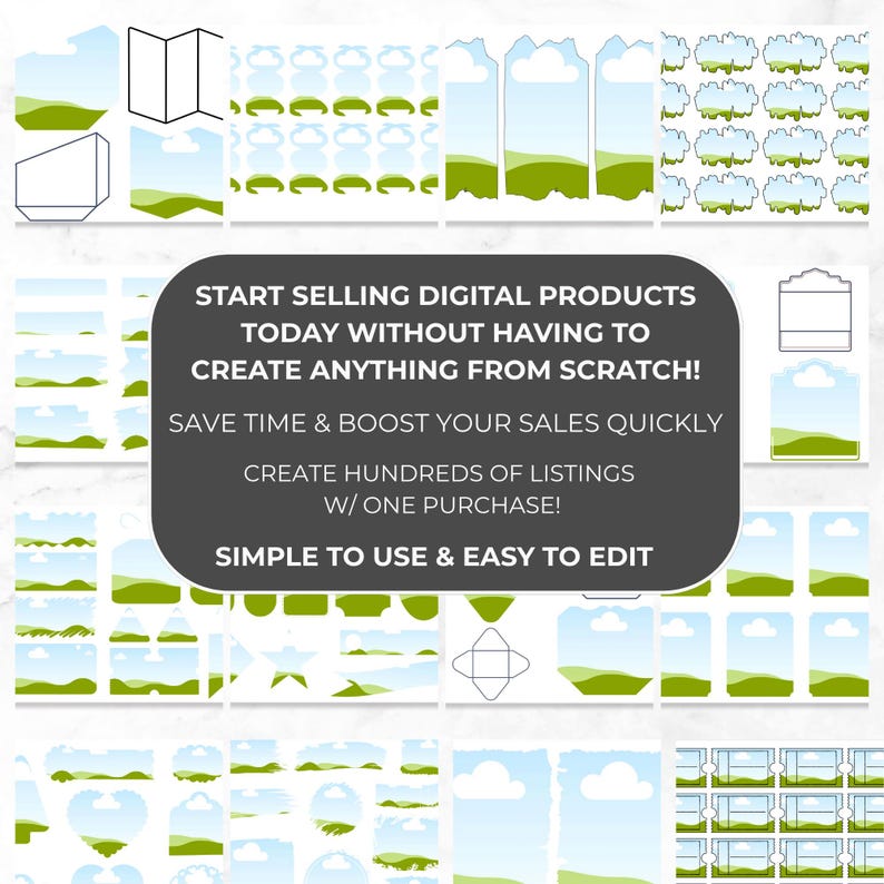 Puede incluir: Colecci&oacute;n de plantillas de productos digitales con dise&ntilde;os de paisajes con cielos azules, campos verdes y nubes blancas. La imagen incluye varias formas y tama&ntilde;os, con el texto: "START SELLING DIGITAL PRODUCTS TODAY WITHOUT HAVING TO CREATE ANYTHING FROM SCRATCH!"