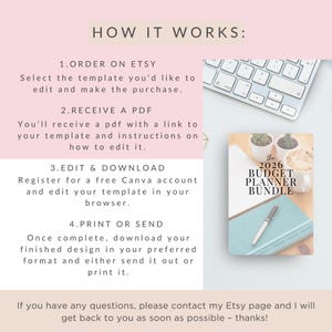 May include: A pink and white graphic with instructions on how to order and edit a template on Etsy. The image includes a keyboard, a planner bundle, and text that reads "How it Works". The planner bundle is labeled "2026 Budget Planner Bundle".